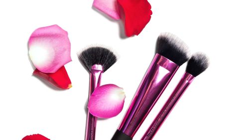 make-up børster og blomsterblade