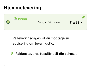 Skærmbillede af hvordan et leverinsalternativ vises ved checkout i netbutikken. Teksten om fossilfri levering viser beskrivelsen af ​​leveringsalternativet med et grønt ikon foran.