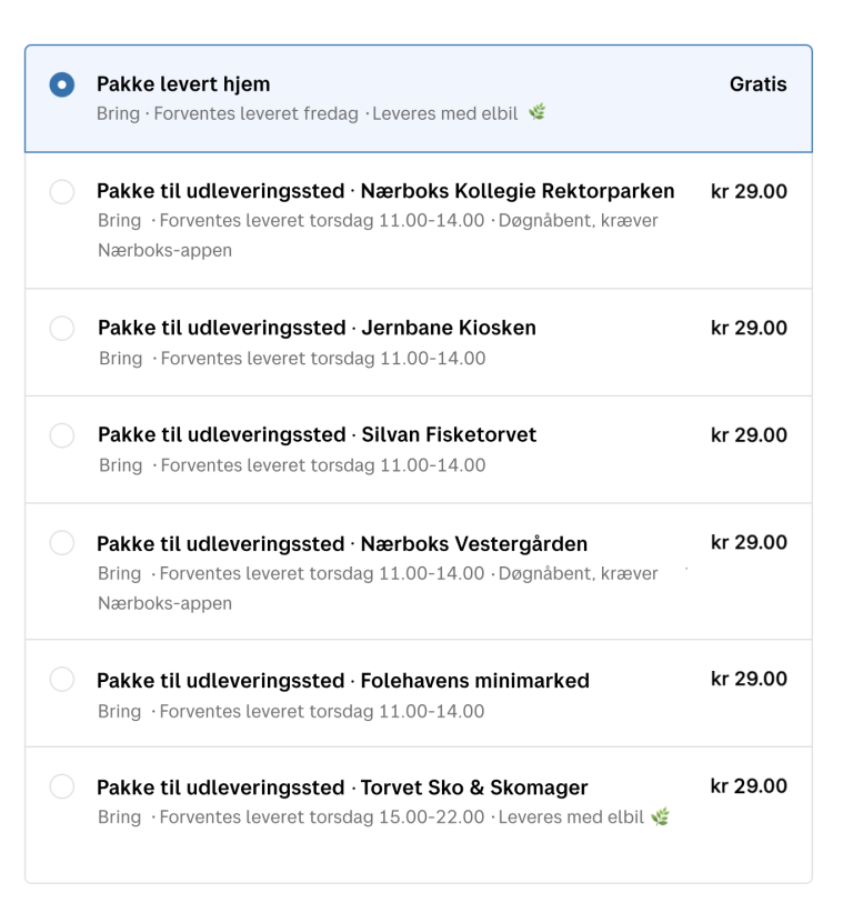 Et skærmbillede fra en kasse med leveringsmuligheder