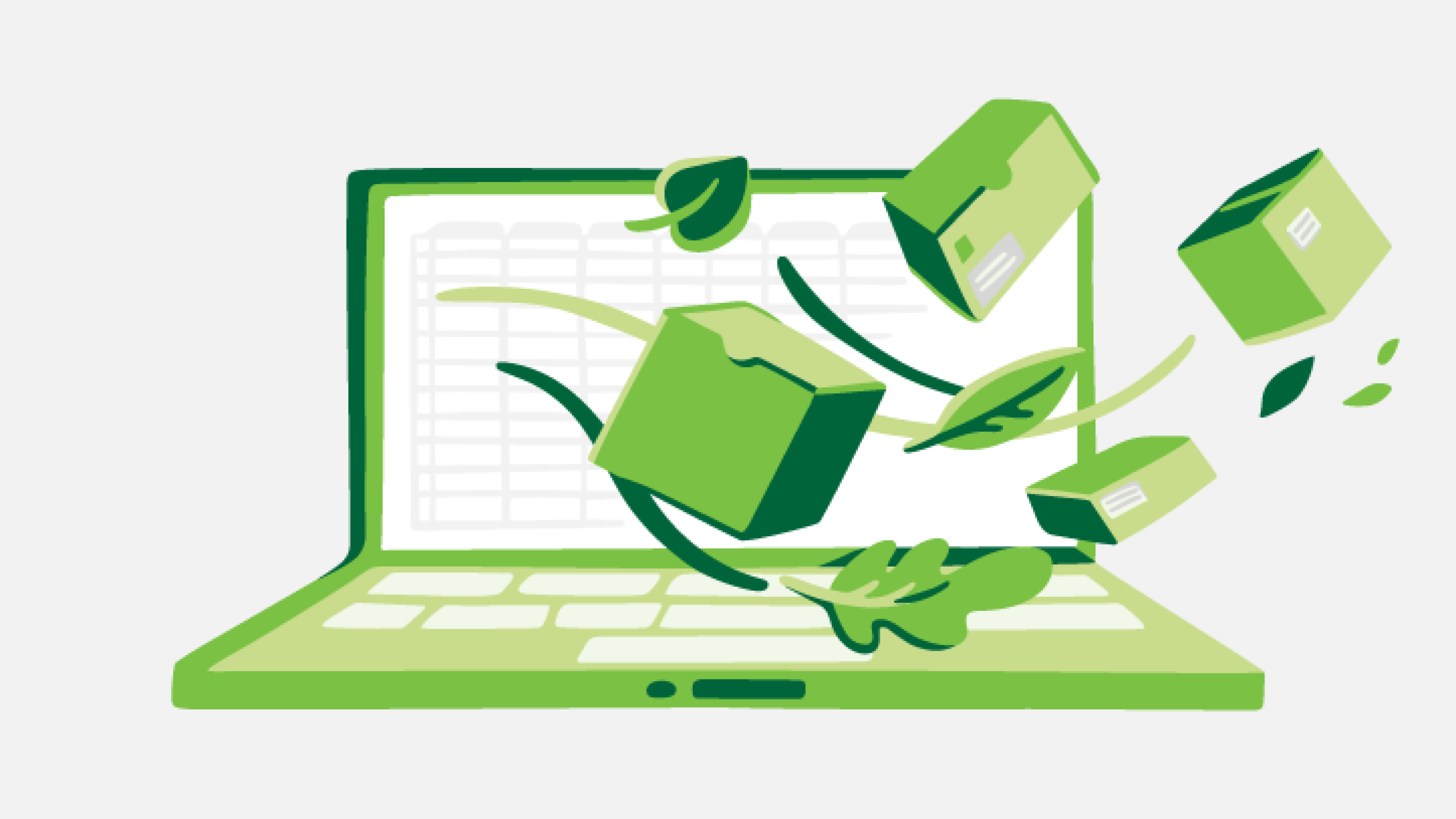 Illustration af pakker i forskellige størrelser som svæver foran en laptop