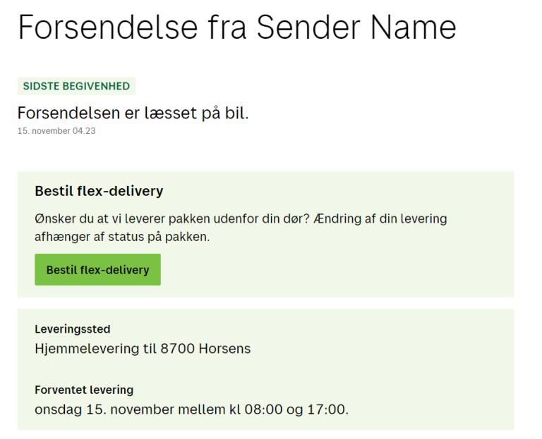 Skærmbillede viser en levering med Modtagerstyret Flex Delivery